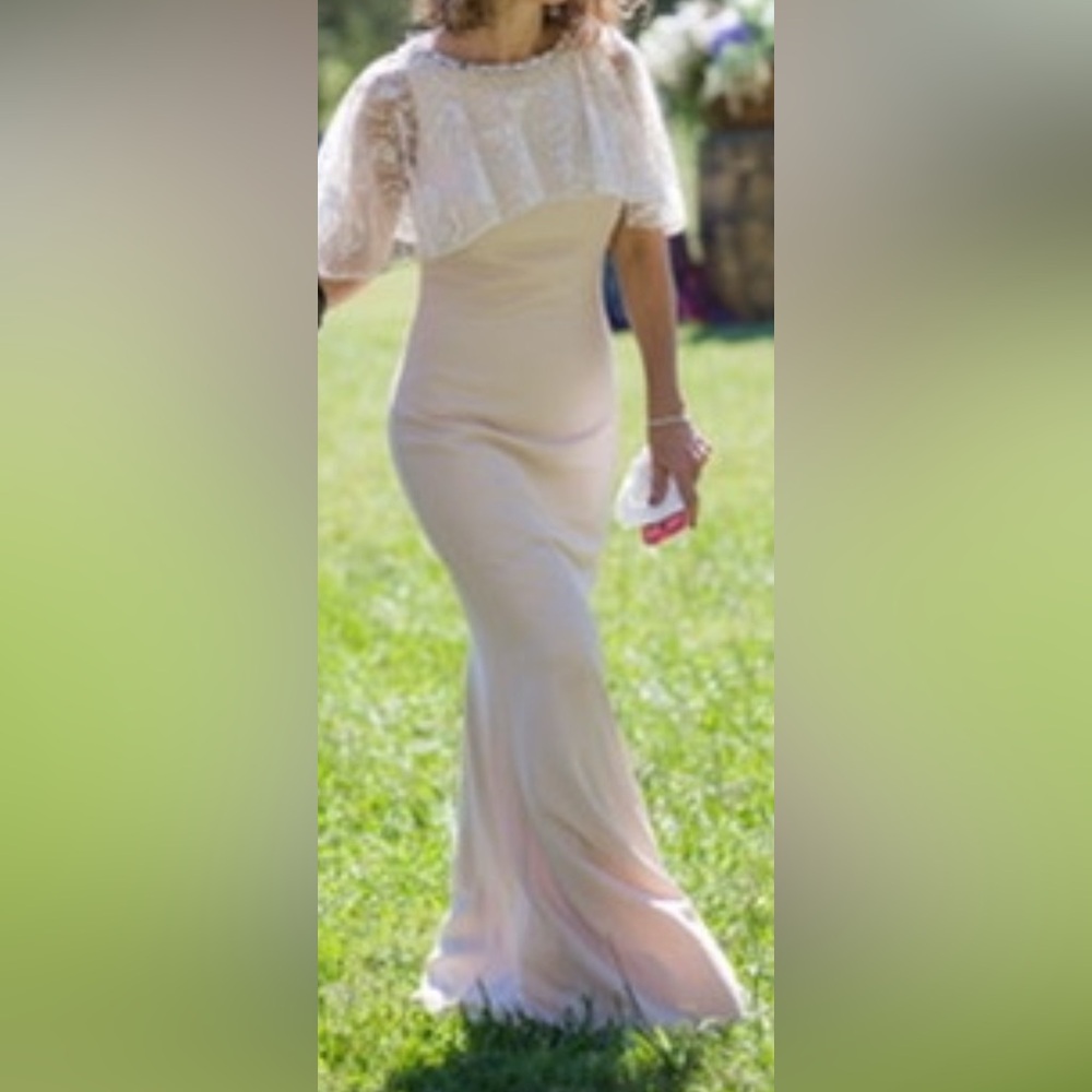 Badgley Mischka Collection sheath gown with beaded lace cape neckline